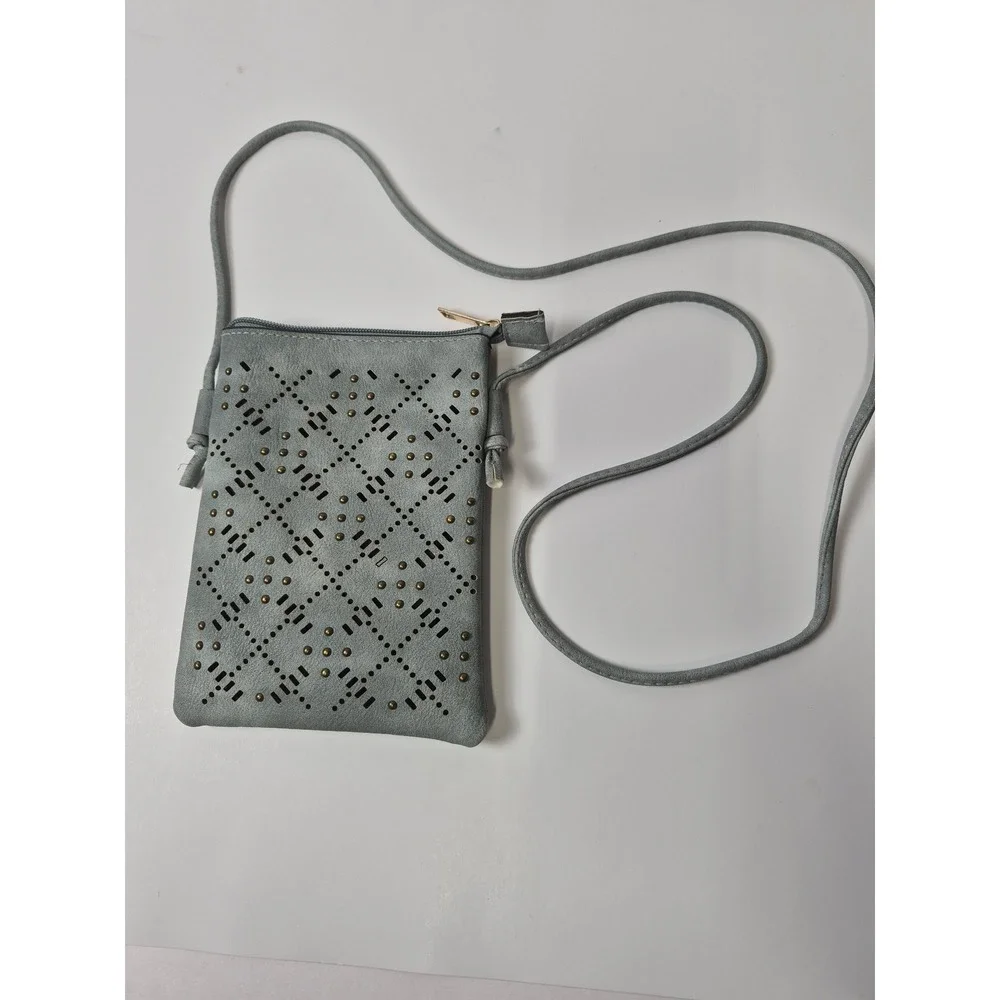 Stay Beautiful Laser Cut Studded Crossbody Phone Bag Blue Faux Suede boho